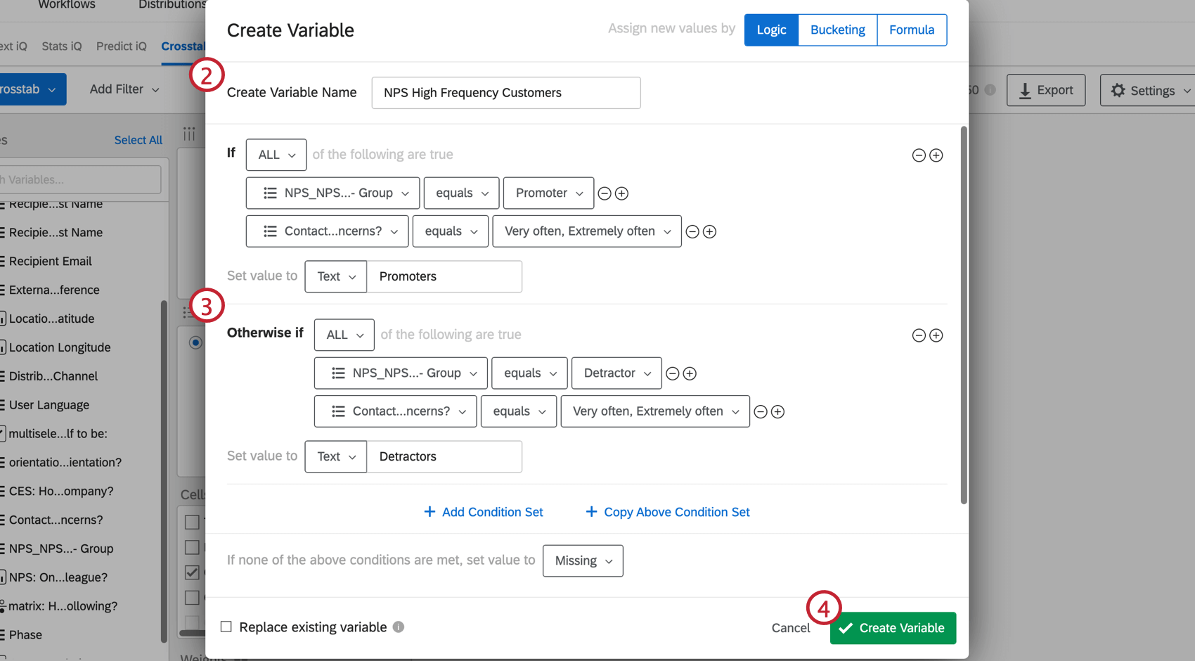 Shows the logic steps for how to create a custom column in crosstabs.