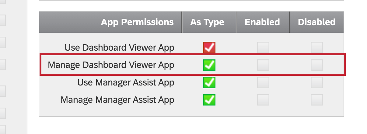 Highlights the dashboard viewer app from the admin permissions.