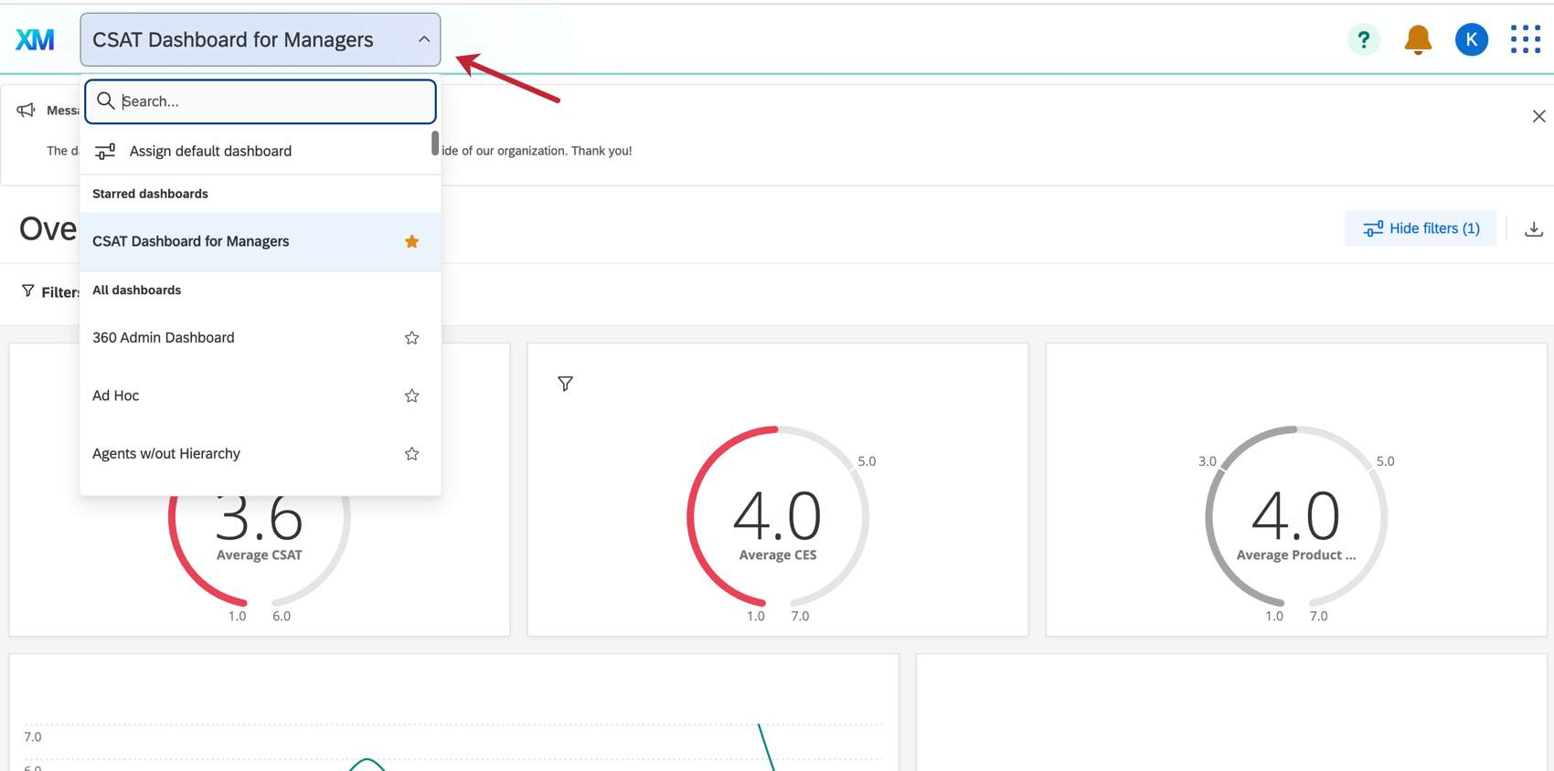 Shows the dropdown allowing users to select a dashboard to view in the app.