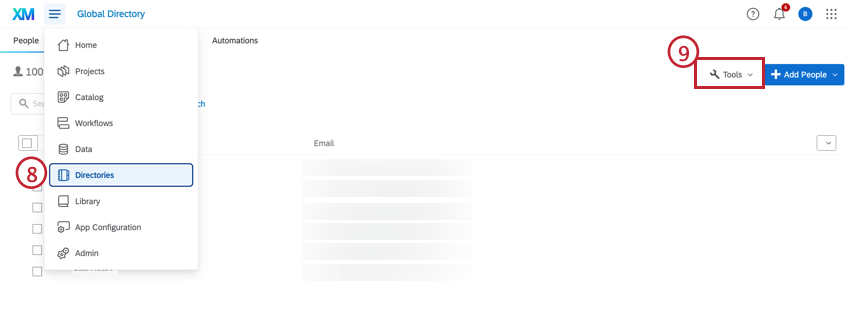 Tools drop down in the emplloyee directory