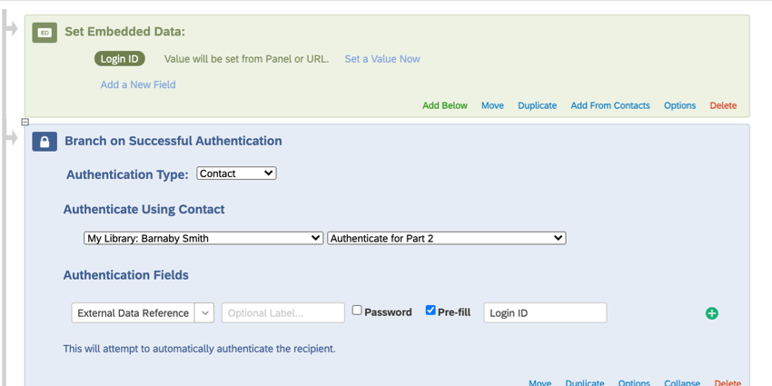an embedded data element for login id before the authenticator in the survey flow