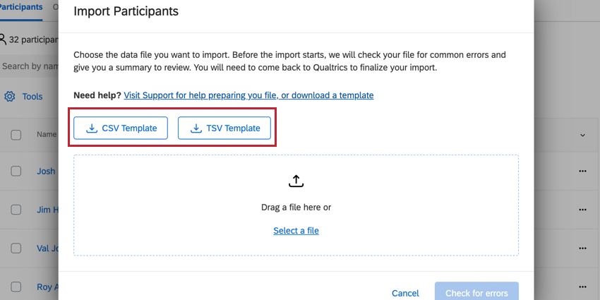 clicking the template to download a participant import template