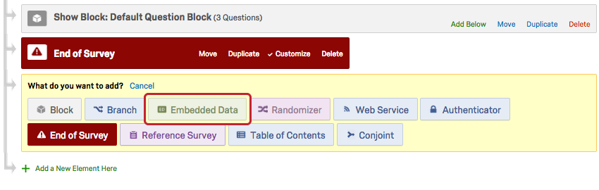 Embedded Data button in What do you want to add menu