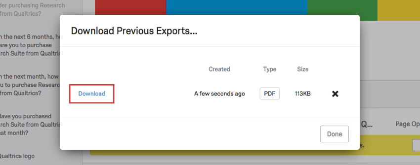 Download button on the Download Previous Exports window