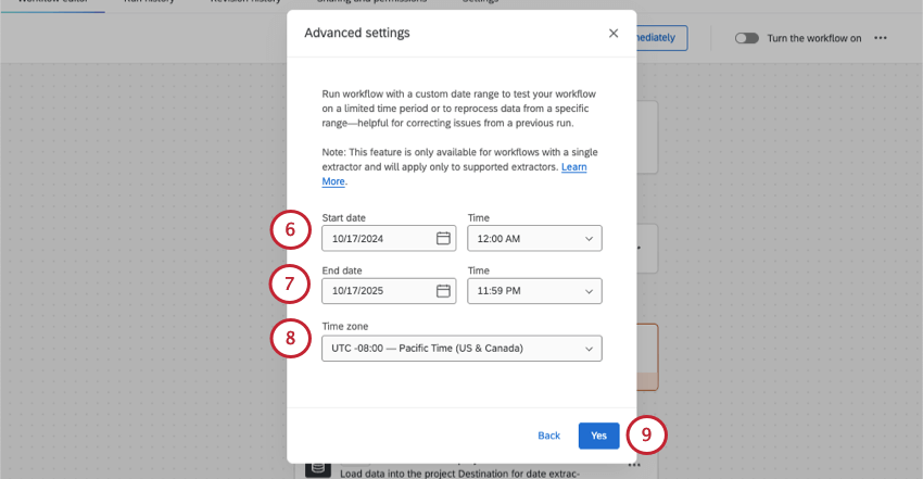 Choosing a date and time for the custom date range
