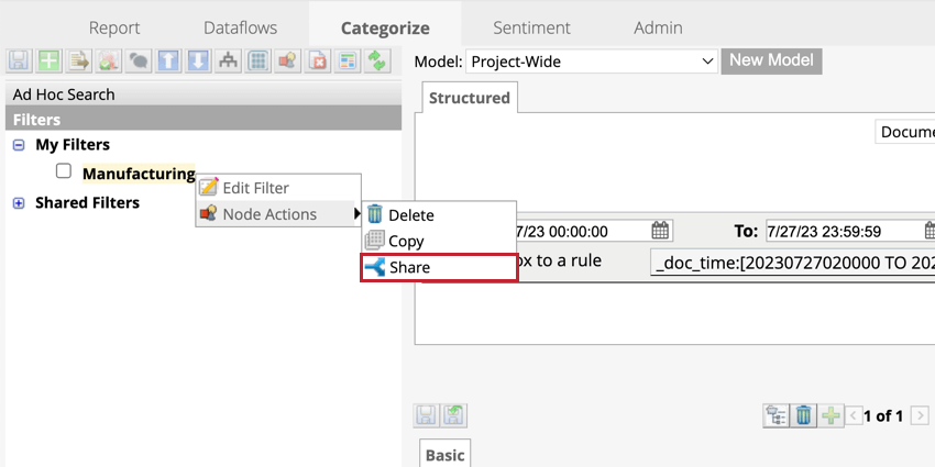 Share option from the Node Actions menu