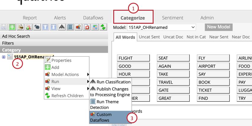 Categorize tab, custom dataflows in the run options of the parent node