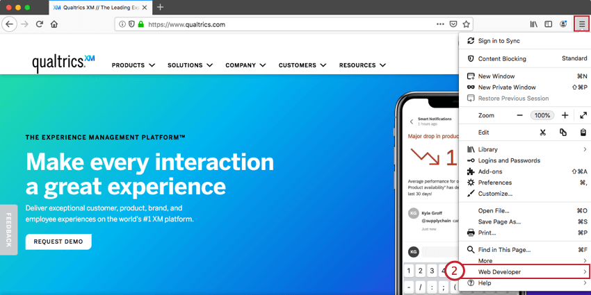 image of the Web Developer option in Firefox