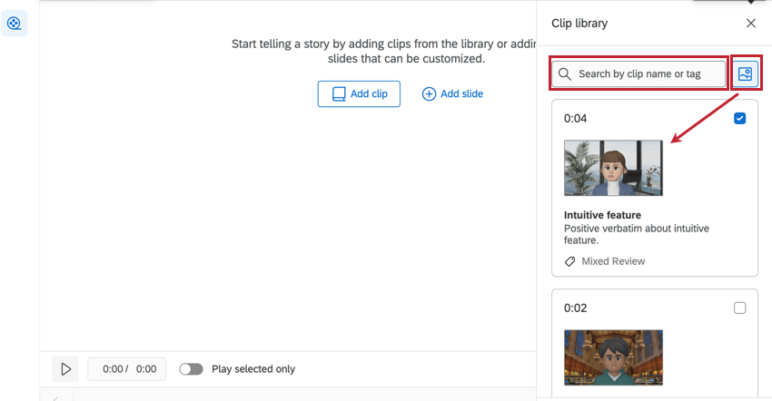 Search bar for clips and photo icon