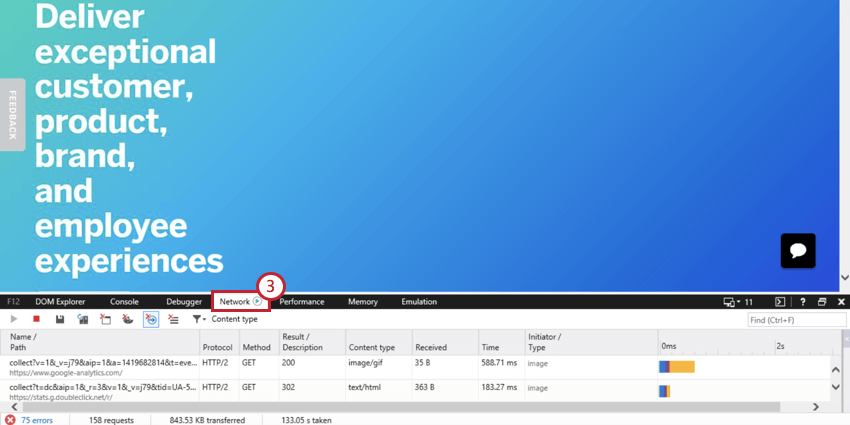 image of the network tab in internet explorer