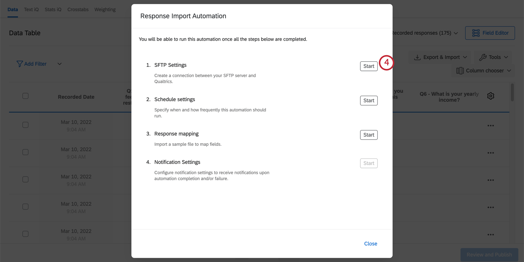 Select Start to the right of SFTP Settings