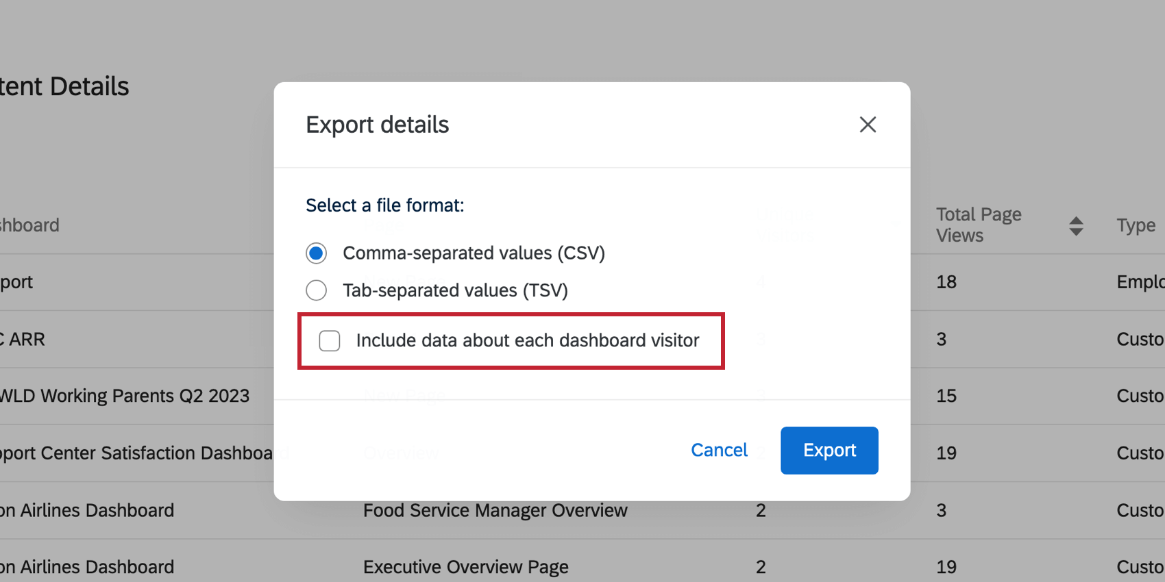 Highlights the Include Data about Each Dashboard in the export details