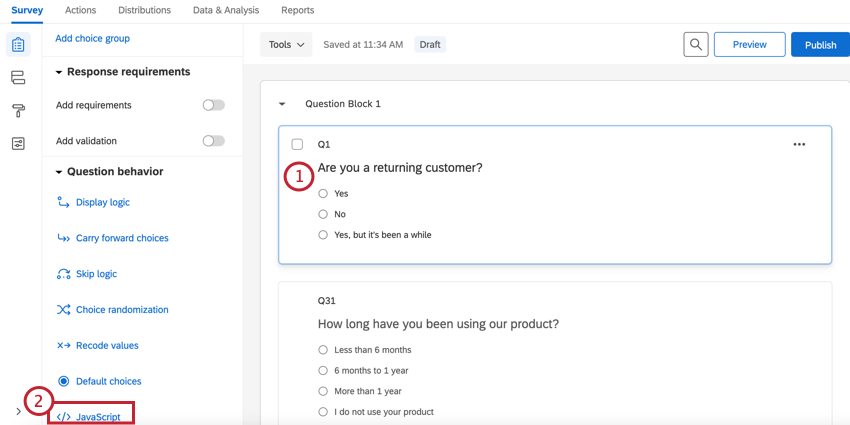 selecting a question and then clicking Javascript