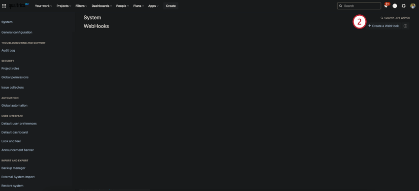 Create webhook button on Jira administrator menu