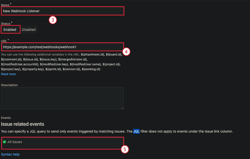 Jira webhook configuration steps