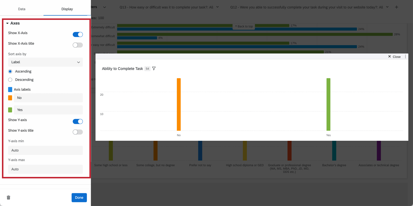 Shows the display configuration menu and options for the axes.