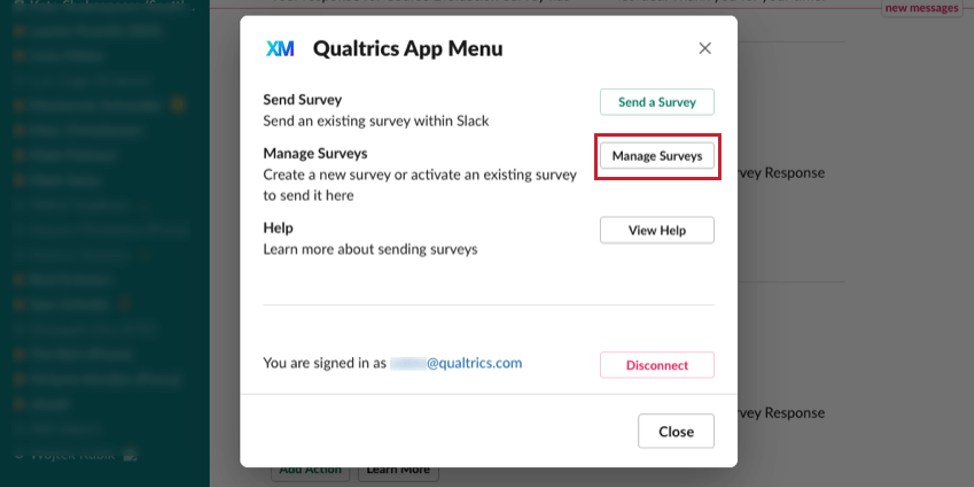 image of the Qualtrics Slack App menu. The Manage Surveys option is selected for creating/activating a survey