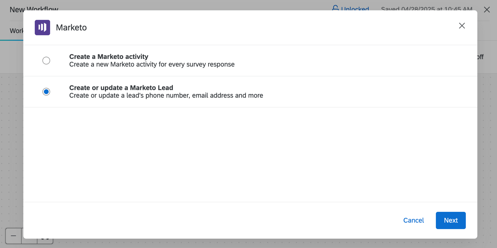 choosing the marketo task to perform