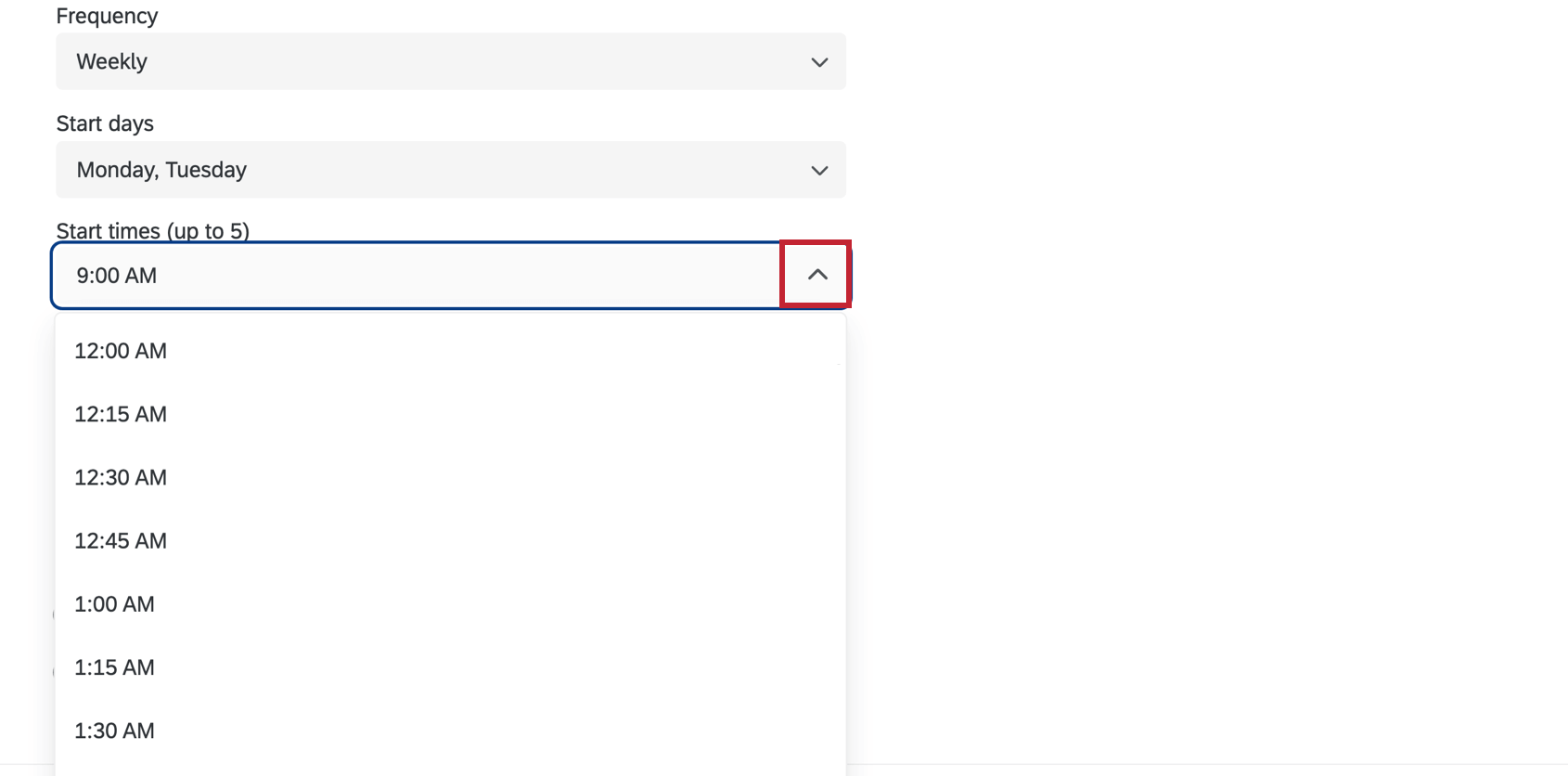 Start times dropdown