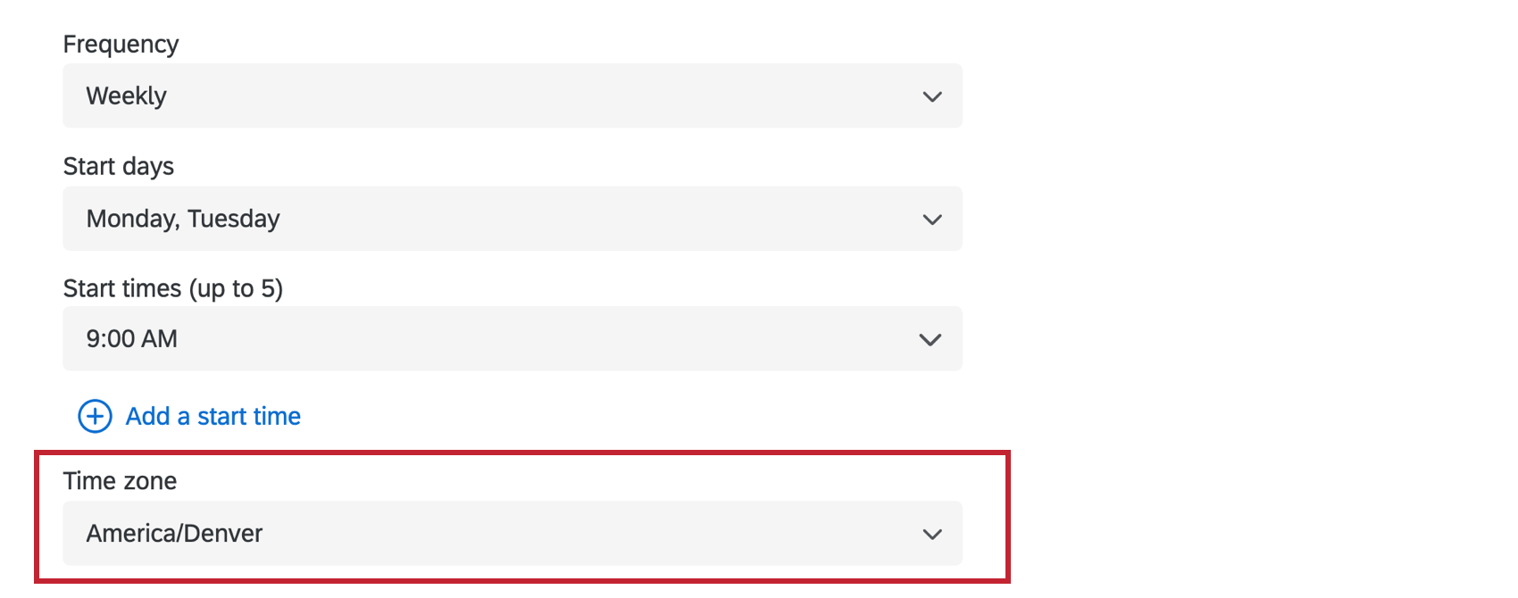 Highlights the timezone selection dropdown.