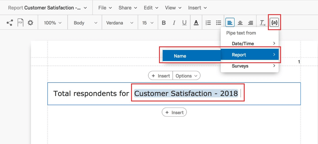 Piped Text menu in advanced reports