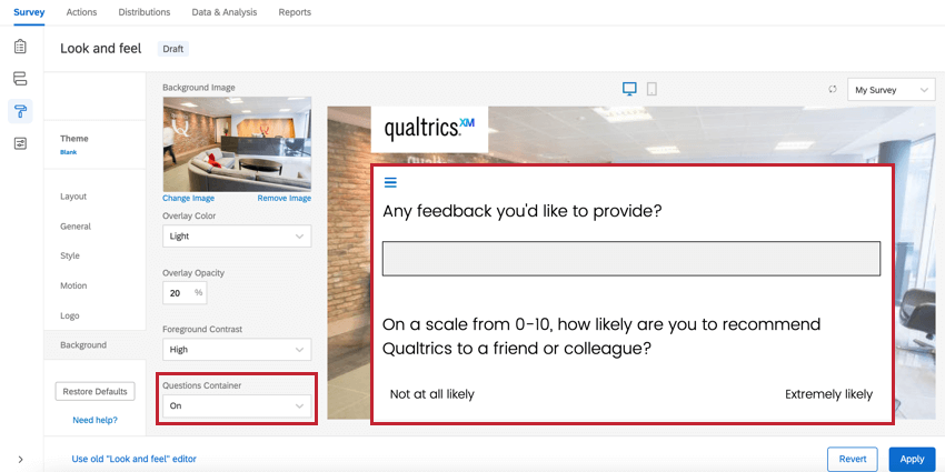 the question container option is enabled and a box is around questions in the preview window