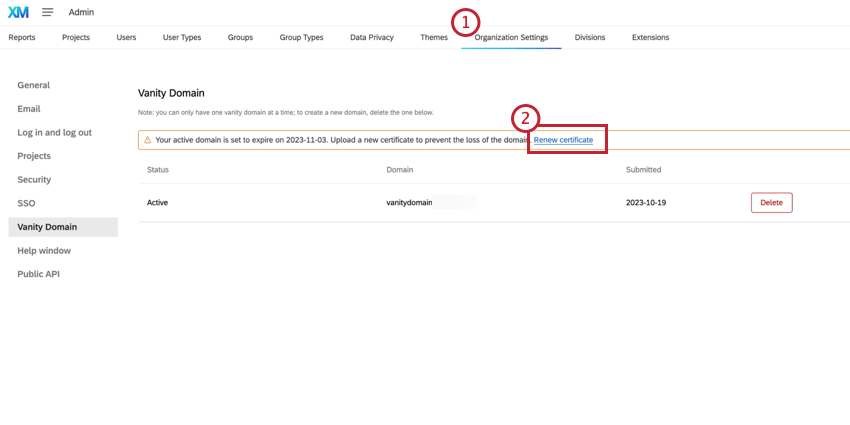 Renew certificate banner in the vanity domain section of organization settings