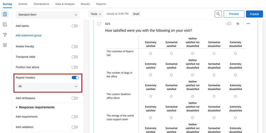 the repeat headers option set to all