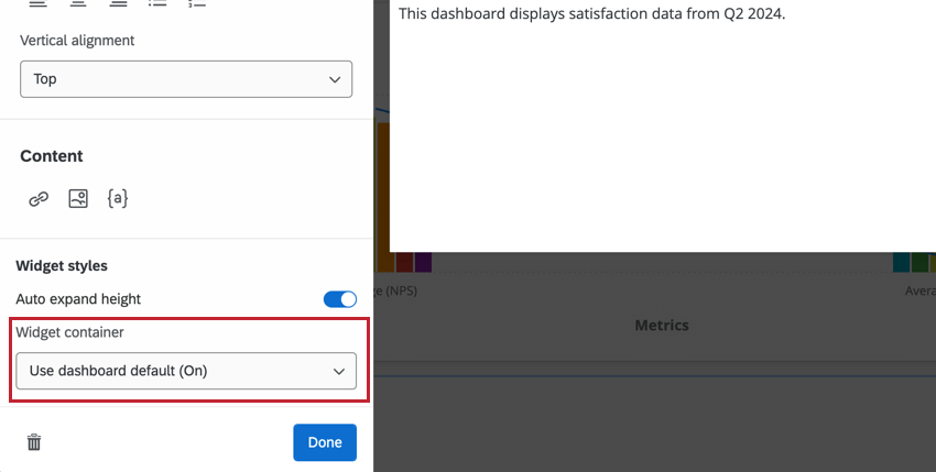 widget container options dropdown