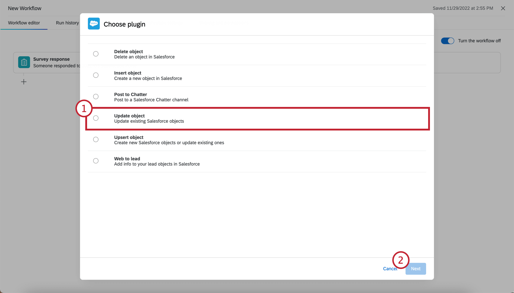 Shows the update object button in a salesforce task