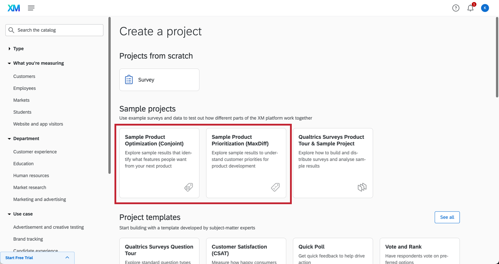 Shows the sample conjoint and maxdiff projects in your designxm trial account.