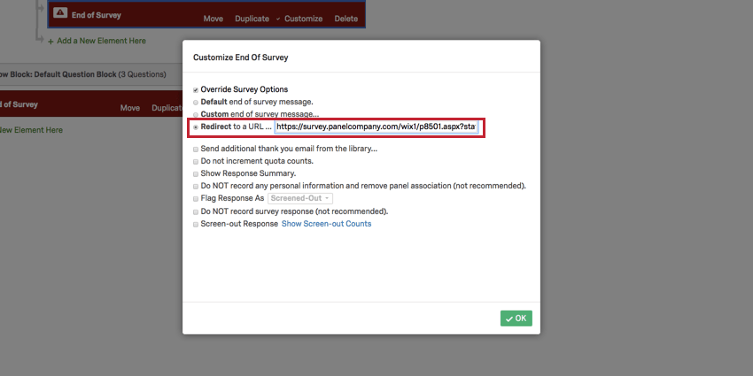 image of the screen out link in the redirect to url field