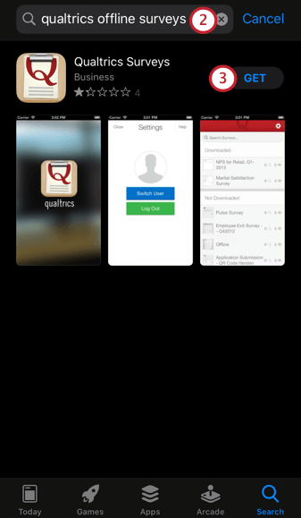 searching for the qualtrics offline surveys app in the app store