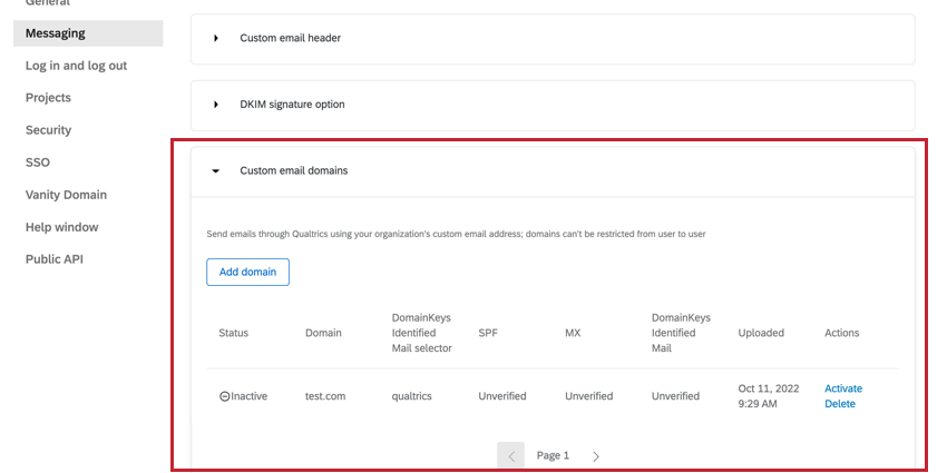 Custom email domains section in the Email tab