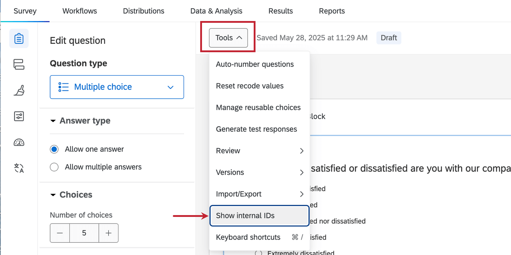Show Internal IDs option in the tools dropdown