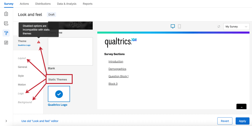 the static themes section. a static theme is selected and the disabled options are greyed-out