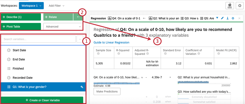 image of the stats iq section of the data tab. a workspace with a regression analysis is visible.