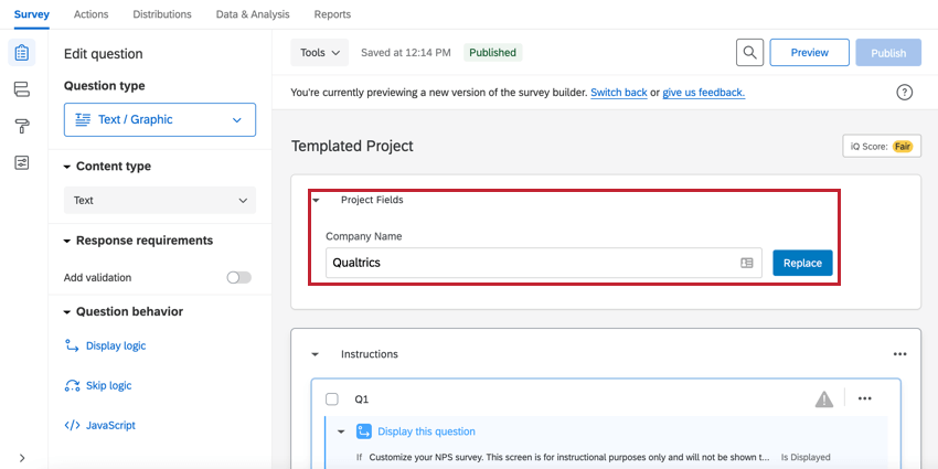 the project fields block in the survey editor for a template