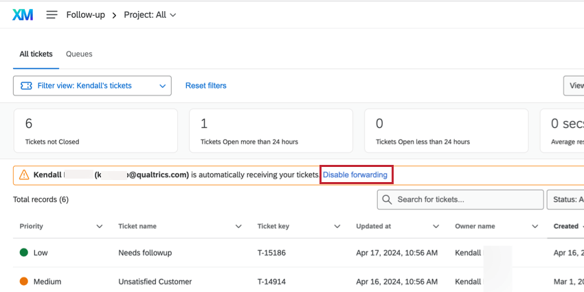Banner at the top of follow up page with blue disable forwarding button in it