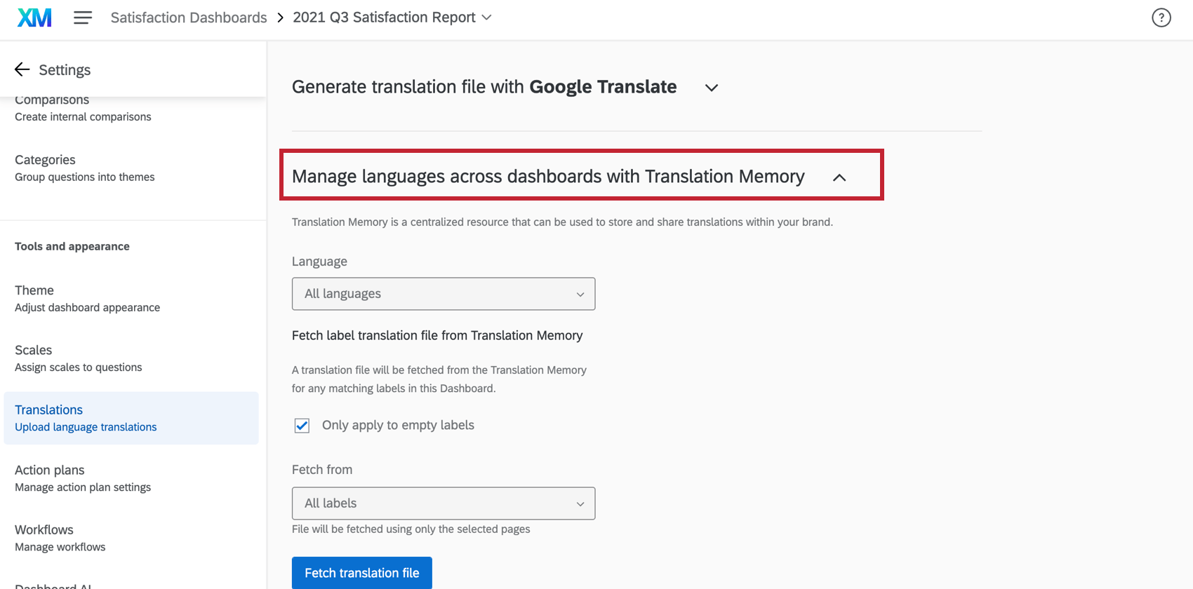 Managing translation memory in the dashboard settings
