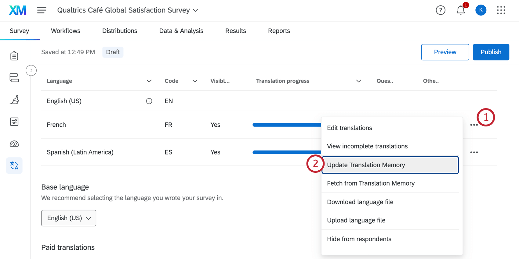 Update translation memory option