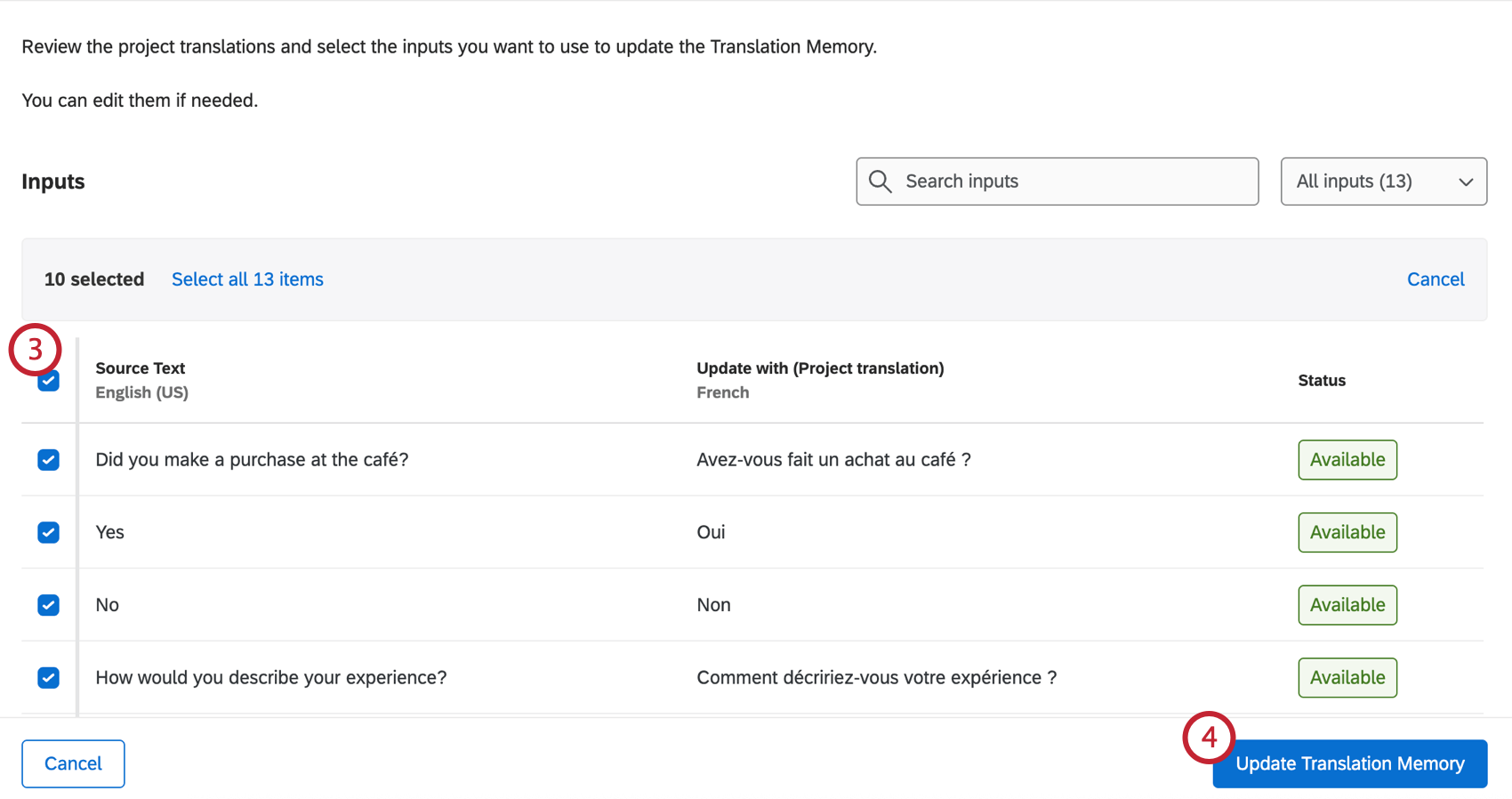 Table with all translations that you select via checkboxes which translations you want to update