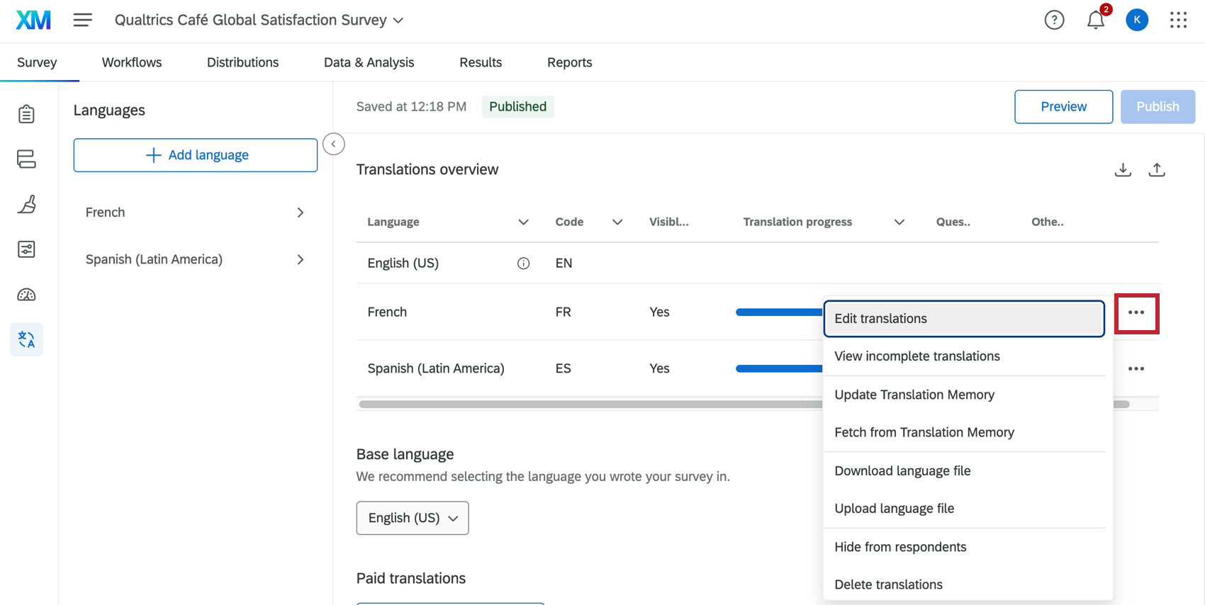 opening the options menu for a translation
