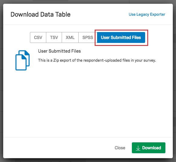 User Submitted Files option from Download Data Table menu
