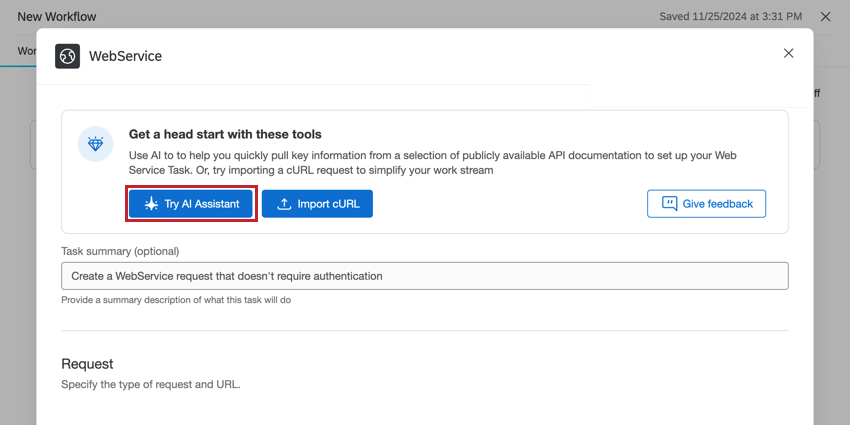 Try AI Assistant button in the web service task