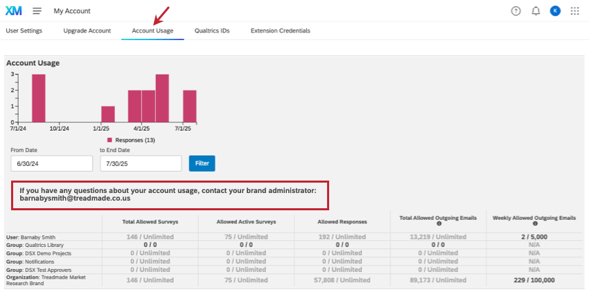 Account Usage tab with Brand Admin information highlighted