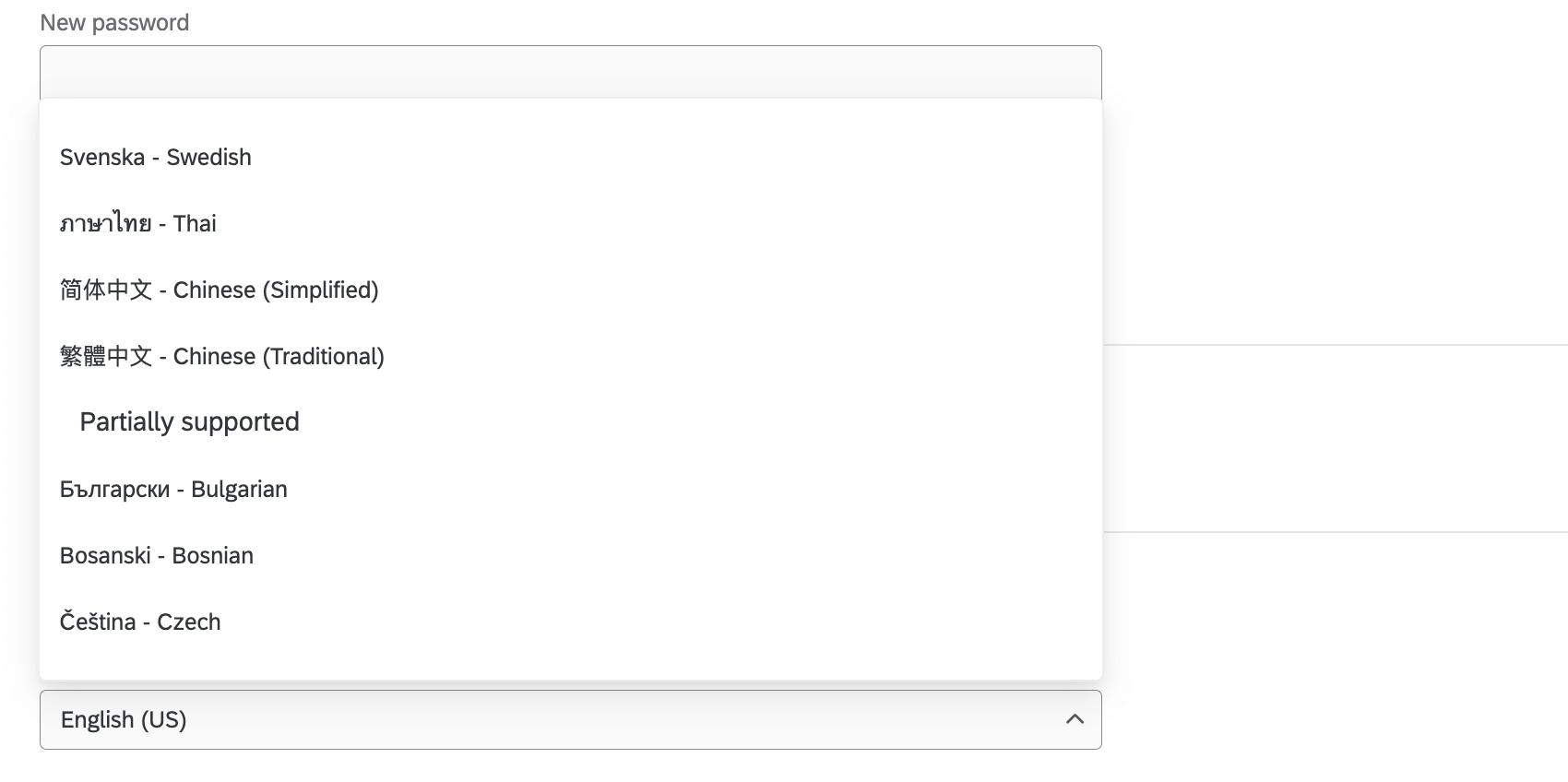 Change language drop down in the account settings