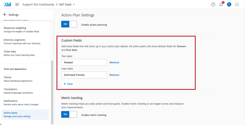In action plans section of dashboard settings, section for custom fields
