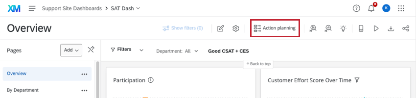 Action plan button upper-right of dashboard, looks like a list and says action planning on it