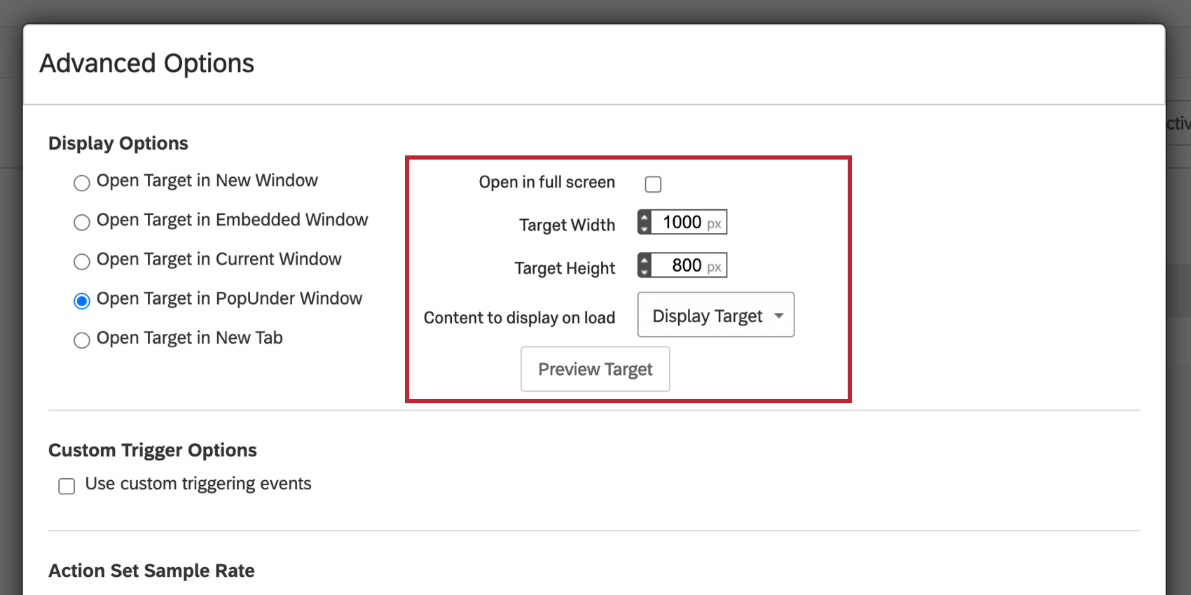 image of the Open Target in PopUnder Window selection for display options. The additional target options are now available.